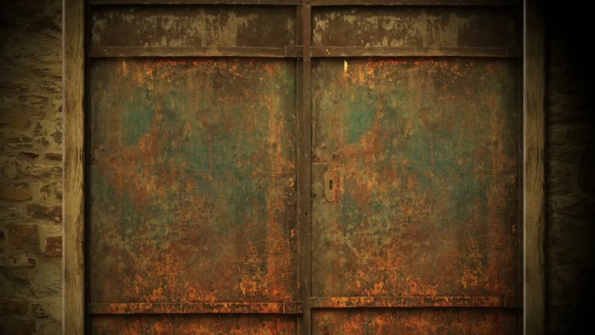 A pair of old, rusty metal doors swing open, revealing a vibrant green screen, perfect for compositing.