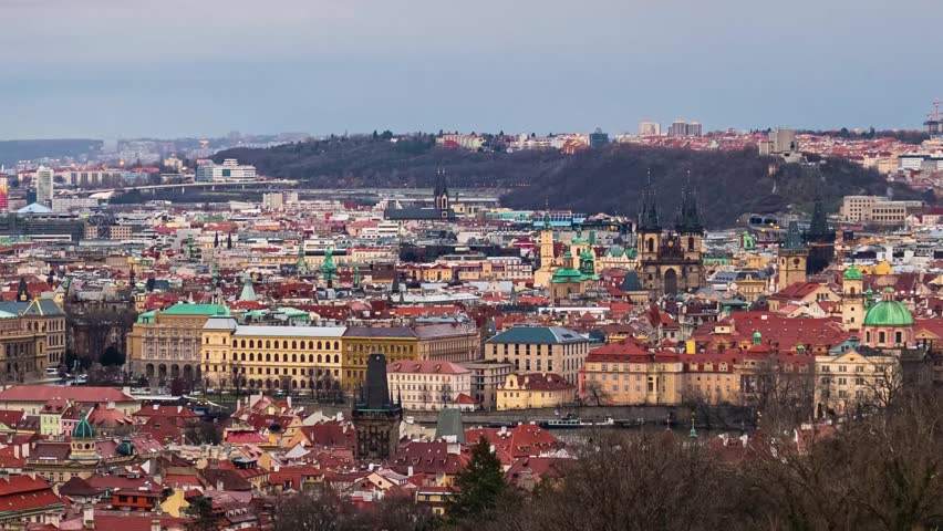 Prague city skyline architecture and urban time lapse view in Czech Republic.