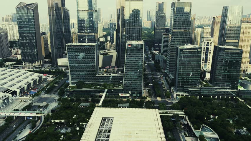 Shenzhen urban city modern buildings viewed from above in Guangdong, China, Asia.