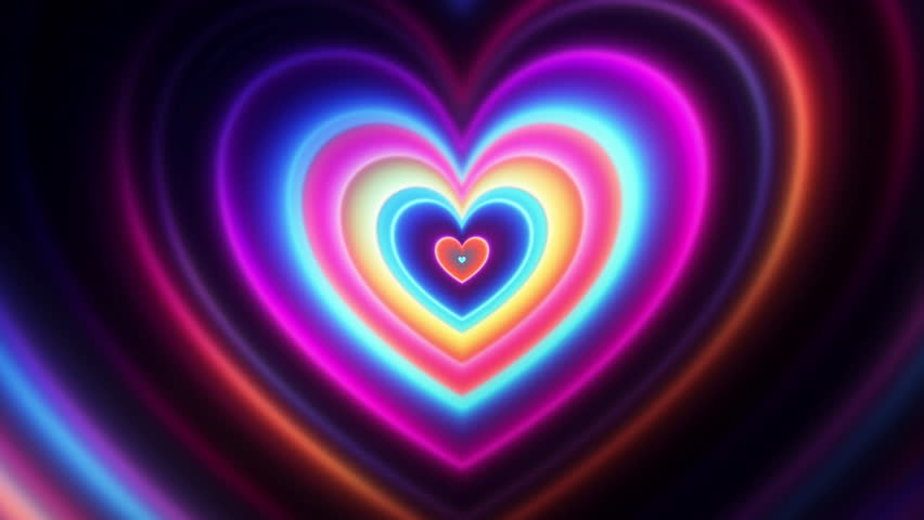 Glowing neon heart tunnel expanding outward in vibrant gradients. Neon heart portal with spreading waves of light and glow for valentine visuals, music videos and futuristic design. Radiant neon hearts spreading outward in soft glowing tunnel of color and light. Dreamlike glowing hearts forming radiant neon tunnel of layered light for valentine content, video intros, music visuals, digital wallpapers, motion graphics and love themed design. Seamless loop. 4K
