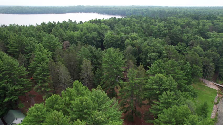 Aerial view of Eagle River Wisconsin in the Northwoods during summer.  Slow low drone shot over wooded area by lake.
