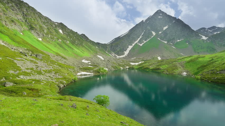 Panning Shot of High Mountain Lake Mirror Reflection Scenic Nature Landscape Background 4K