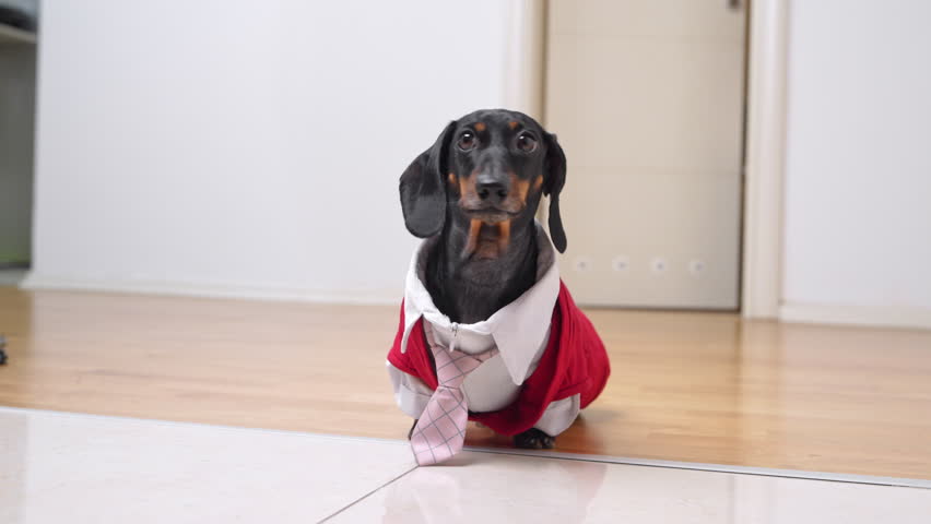 Cute black dachshund in a red outfit sits calmly on light wooden floor indoors, adorable pet portrait, cozy home lifestyle, dressed dog scene.