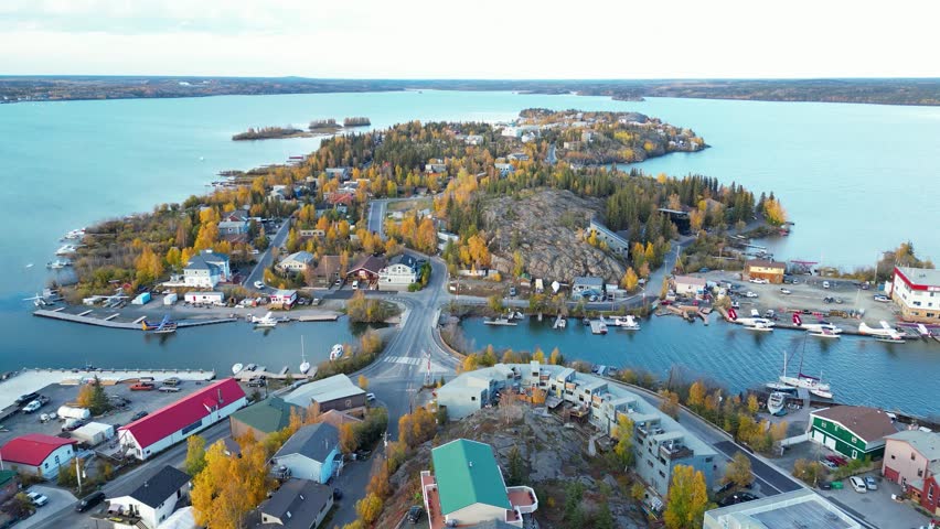 Aerial view of Yellowknife Bay and Old Town in Autumn. Yellowknife, Great Slave Lake, Northwest Territories, Canada.