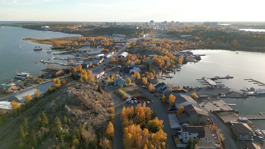 Aerial view of Yellowknife Bay and Old Town in Autumn. Yellowknife, Great Slave Lake, Northwest Territories, Canada.