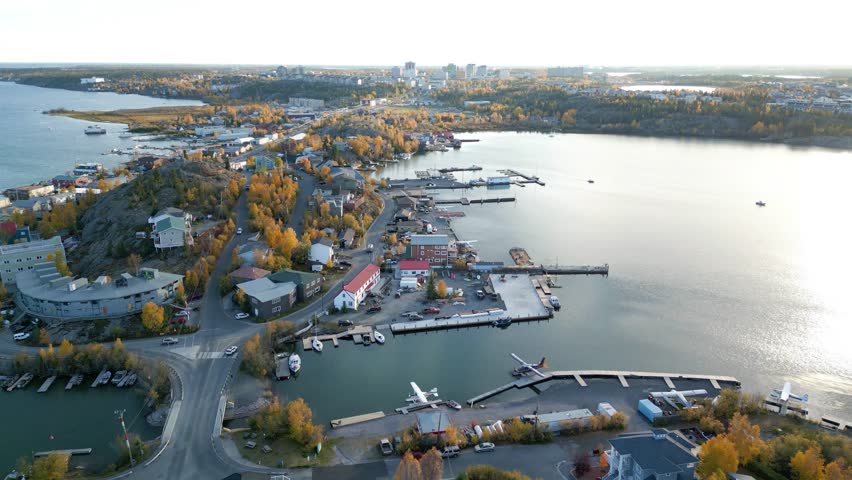 Aerial view of Yellowknife Bay and Old Town in Autumn. Yellowknife, Great Slave Lake, Northwest Territories, Canada.