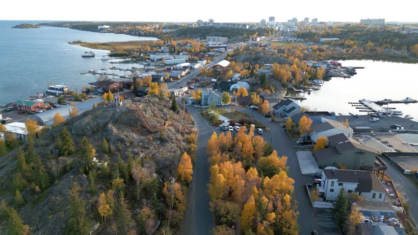 Aerial view of Yellowknife Bay and Old Town in Autumn. Yellowknife, Great Slave Lake, Northwest Territories, Canada.