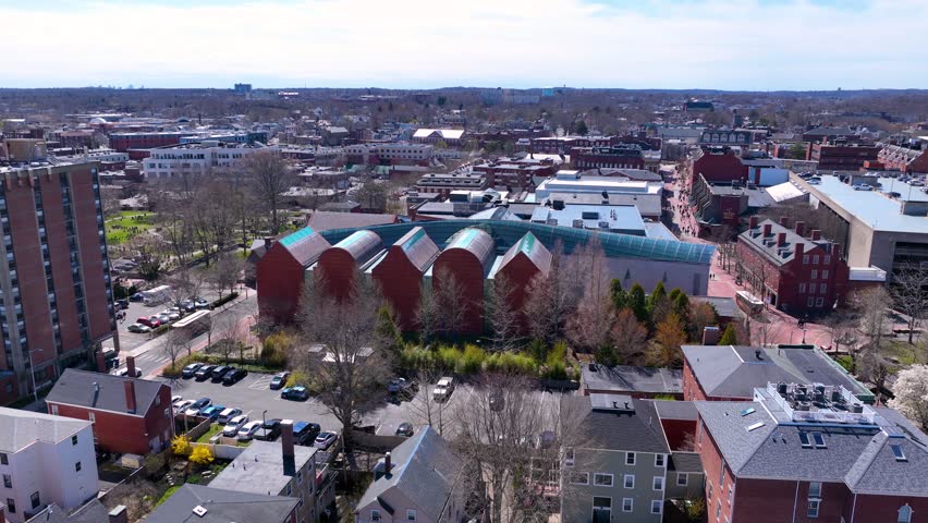 Salem historic downtown aerial view including Peabody Essex Museum PEM, Armory Building and Salem Common in city center of Salem, Essex County, Massachusetts MA, USA. 