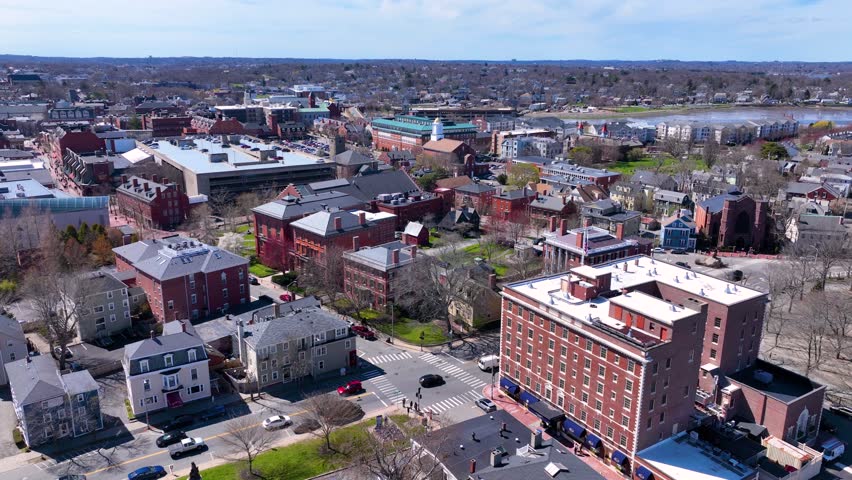 Salem historic downtown aerial view including Daland House, Armory Building and Hawthorne Hotel in city center of Salem, Essex County, Massachusetts MA, USA. 