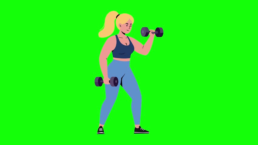 A flat 2D animation of a blonde Caucasian woman in a sports bra and leggings performing bicep curls with dumbbells. Perfect for fitness apps, workout tutorials, and health-related content on a chroma key background.