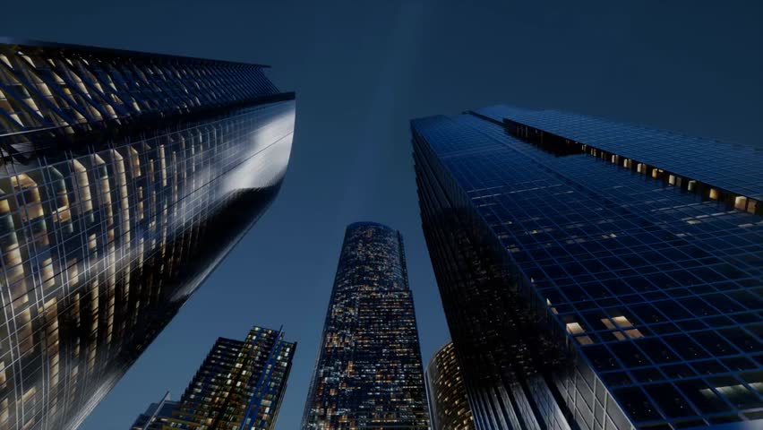 City skyscrapers at night with illuminated windows and glowing skyline, showcasing modern architecture, urban lifestyle, and vibrant metropolitan atmosphere.