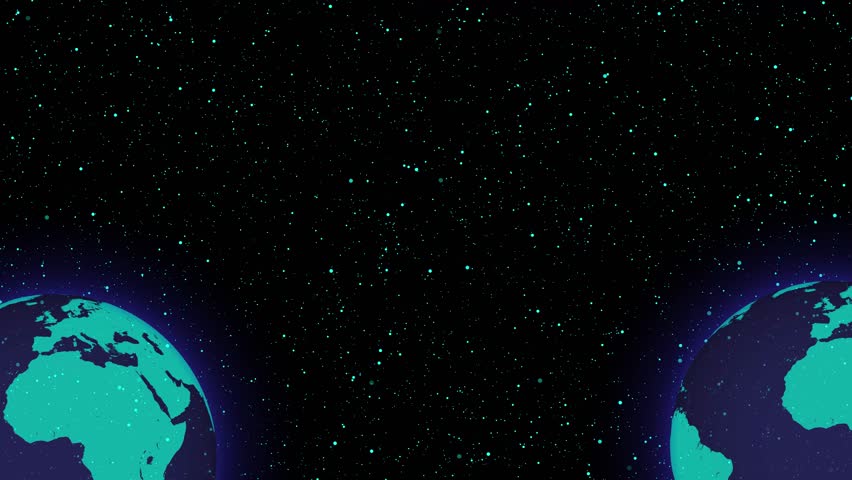 Rotating dual earth animation universe cosmos stars night sky 4k. Teal green planet earth animation global technology digital world map 4k ultra hd.