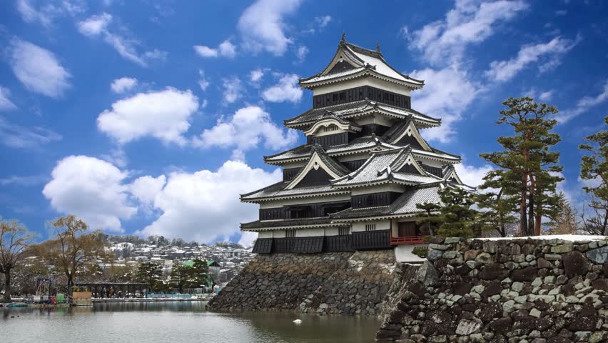 Time-lapse of evening cloud over Osaka Castle in Osaka, Japan.Nagoya Castle, A view of the main keep (Tenshu) and surrounding structures of Nagoya Castle, a historic landmark in Japan, with visitors walking on the grounds.
