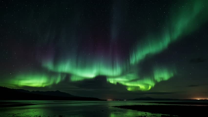 A stunning view of the Aurora Borealis over a tranquil coastal landscape.