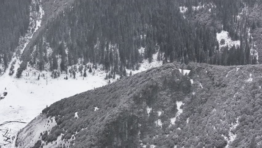 Aerial view of snowy forests and deep canyons in Western Sichuan, winter landscape with mountain rime and sea of clouds in a black and white world