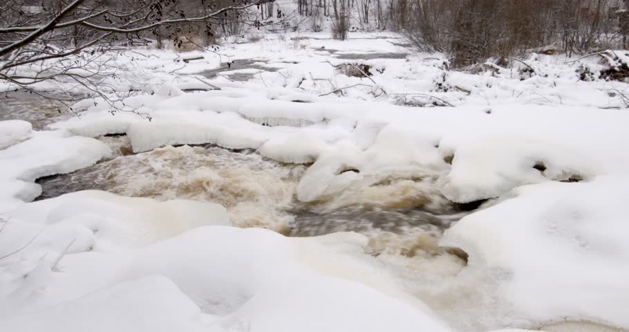 Partly frozen Vantaankoski rapids with rocks covered with ice and snow on a winter day Vantaankoski, Finland, Europe.