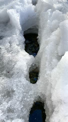 Riverbank thaw closeup of melting snow and water holes
