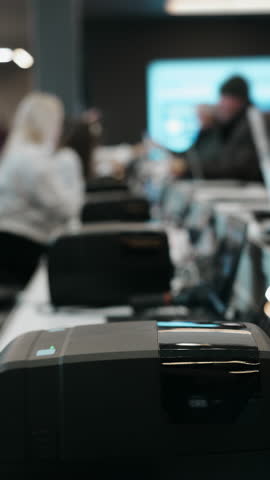 Registration desk with badge printer during business conference check in process with participants arriving at corporate event.