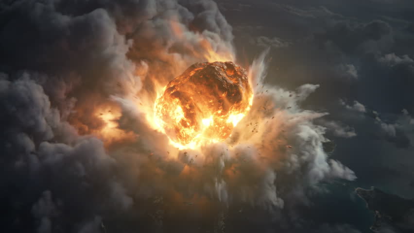 Intense meteor impact illuminating storm clouds with fiery fragments and shockwave. Dramatic celestial burst above turbulent skies casting glowing debris and billowing smoke around