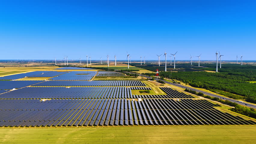 Yellow agricultural fields with solar panels. Wind farms located nearby. Aerial perspective.