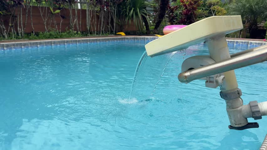 Clear blue swimming pool water moving through filtration system.