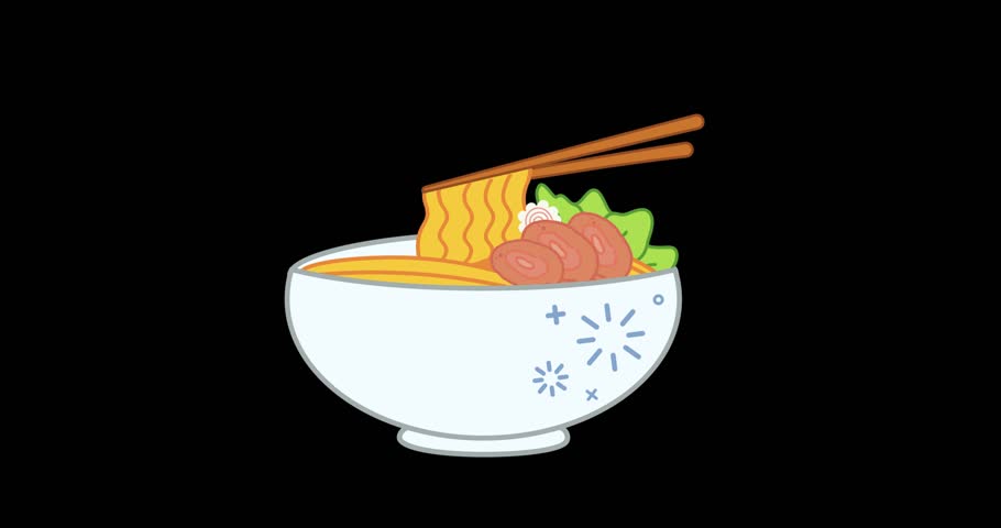 Cute Cartoon Ramen Noodle Bowl Animation with meat naruto and Floating Toppings - Japanese Food Motion Graphic
