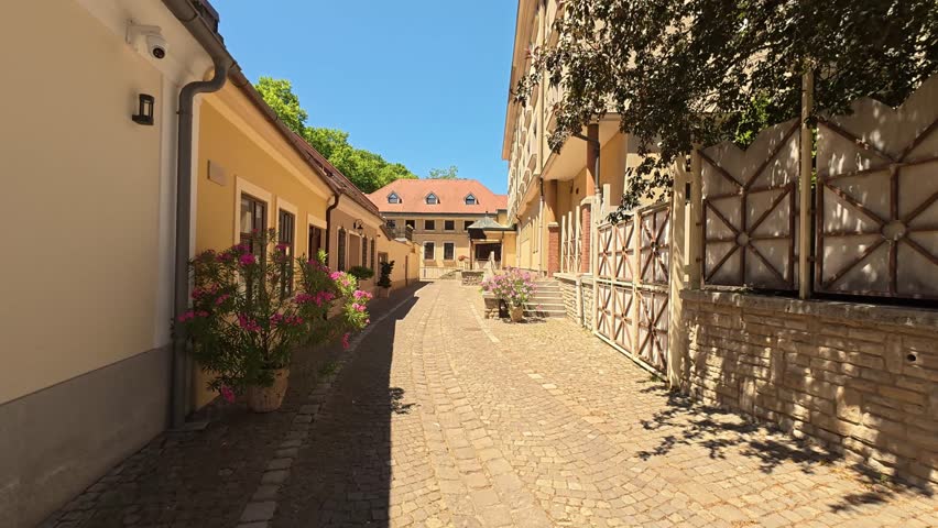 A scenic view of a narrow cobblestone street lined with traditional yellow buildings and blooming flowers in the old town of Esztergom.