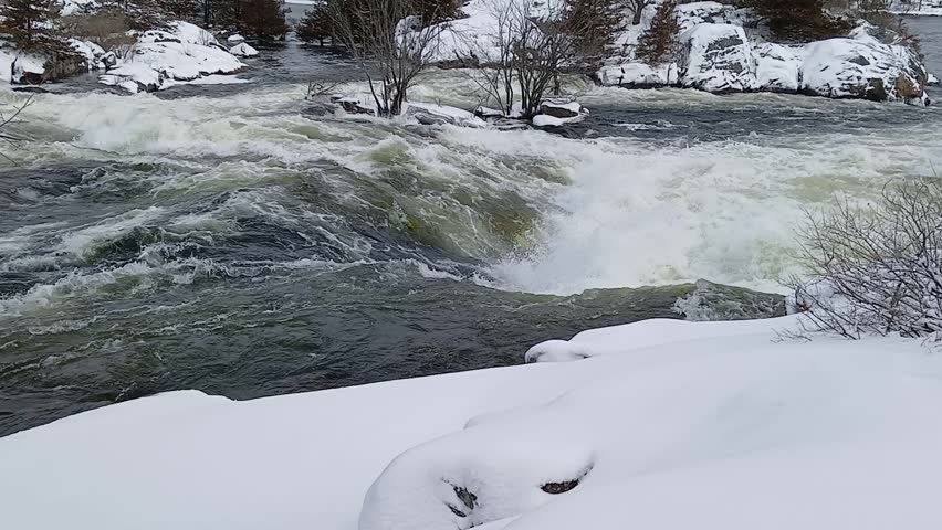 thundering rapids and white-water on a river in winter