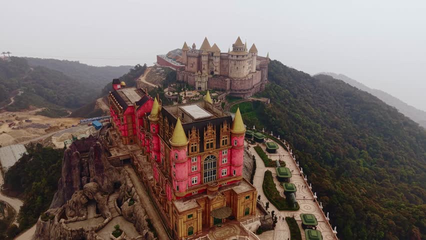 Panorama aerial view of ba na hills architectural wonderland castle and french village in Da nang, Vietnam.