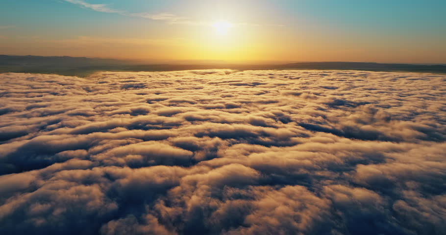 Panoramic aerial view above white clouds sun shining clear sky. Heavenly sunset landscape high altitude drone flight. Meditation spirituality peace freedom inspiration concept nature scene.