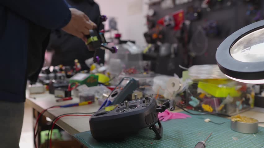 Person working on small drone and remote controller on a workbench, soldering electronics and assembling micro components, demonstrating craftsmanship and technology repair