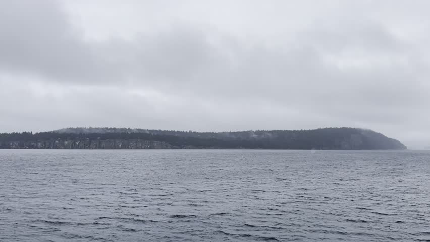 A still shot from a high bluff overlooking the ocean. There is a layer of fog covering the island in the distance and the sky is overcast grey.  