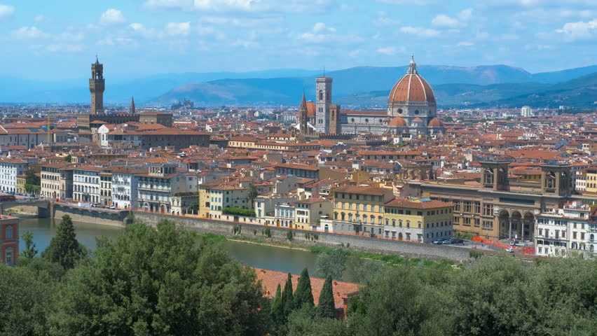 Florence cityscape showing duomo and palazzo vecchio on sunny day. Panoramic view of florence, italy, highlighting the duomo and palazzo vecchio under a clear blue sky