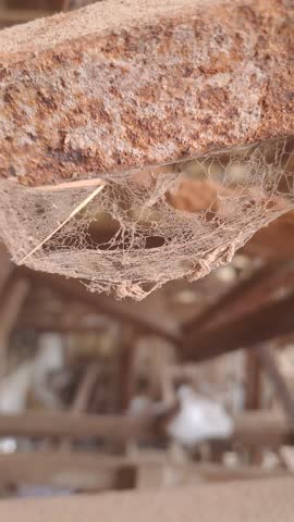 A close-up of a dusty spider web hanging from a rusted metal surface, showcasing intricate strands and delicate patterns. The reddish-brown corrosion contrasts with the fragile web, symbolizing decay and the passage of time. The blurred background with wooden structures suggests an abandoned setting, adding atmosphere and depth. This detailed capture highlights the tension between fragility and deterioration, ideal for macro, nature, and conceptual photography collections.