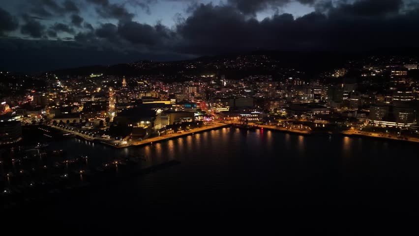 Wellington New Zealand drone aerial at night