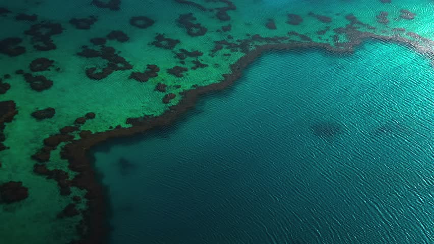 Great Barrier Reef Heart Reef Hardy Reef lagoon scenic flight aerial drone Whitsundays Islands Australia QLD National Park sunny serene coral formation clear blue Turquoise ocean waters pan zoom out