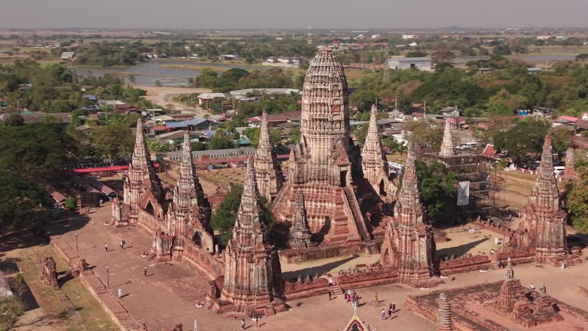Aerial Panoramic View of Wat Chaiwatthanaram Temple Ruins in Ayutthaya Historical Park Thailand (3)