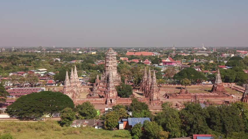 Aerial Panoramic View of Wat Chaiwatthanaram Temple Ruins in Ayutthaya Historical Park Thailand (4)