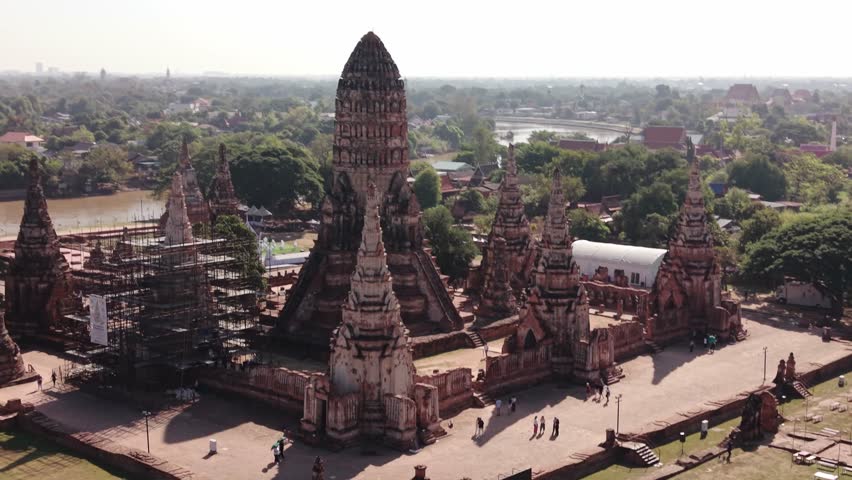 Aerial Panoramic View of Wat Chaiwatthanaram Temple Ruins in Ayutthaya Historical Park Thailand (6)