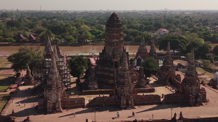 Aerial Panoramic View of Wat Chaiwatthanaram Temple Ruins in Ayutthaya Historical Park Thailand (2)