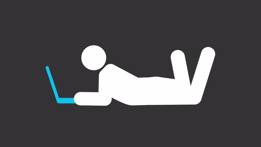 Lying person with laptop white glyph stickman animation. Freelancer working on notebook computer. Internet network. Dynamic stick figure isolated on black background. Animated solid silhouette motion