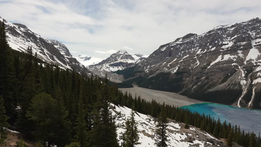 Peyto Lake showing its vibrant turquoise glacier water amid mountains, forest, and snow in Banff National Park