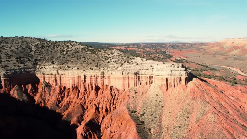 Aerial view of erosion formations in Rambla Barrachina, Red Canyon of Teruel, Spain