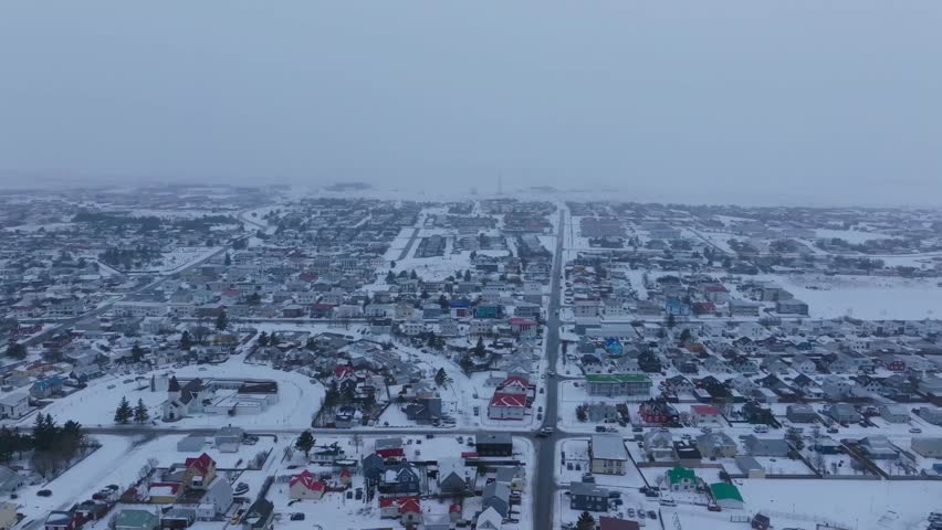 Aerial panorama of Keflavik town cityscape winter on Reykjanes Peninsula Iceland
