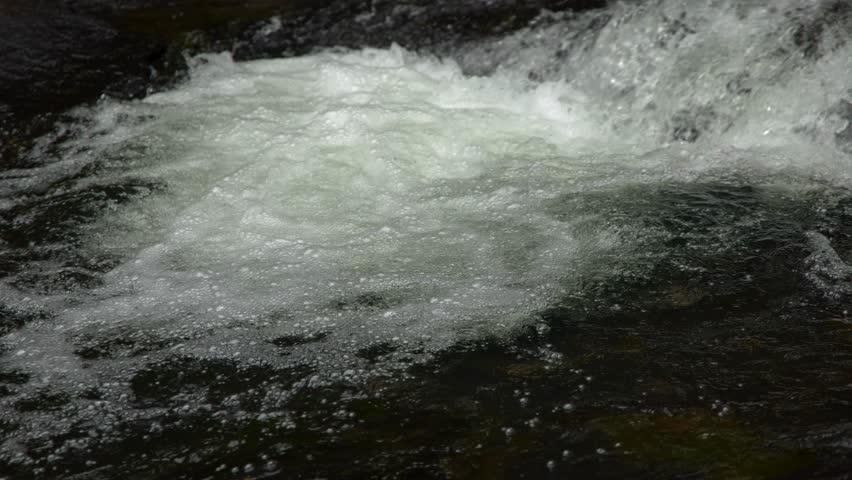 A static close-up shot captures churning white water rapids flowing through a tropical river