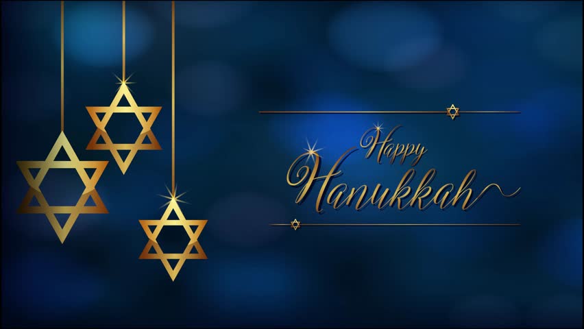 Golden Stars of David hang over a blue bokeh background with shimmering holiday fireworks
