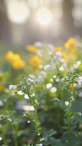 Small yellow flowers blooming in spring forest, vertical macro with sunlight and bokeh effects. Sunny spring meadow with white and yellow flowers. Beautiful wild flowers in the morning forest light