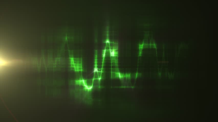 Abstract green glowing waveform with soft light trails, illustrating digital frequency signals, sound analysis, and flowing electronic energy