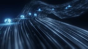 Glowing blue fiber optic lines flowing digital data packets. High speed internet connection network technology concept. Abstract futuristic cyber space information transfer motion. - Powered by Shutterstock - Get 15% off with code: PIKWIZARD15