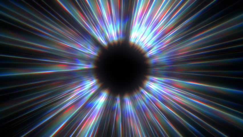 Vibrant radial light beams chromatic aberration dark center. Looped motion effect warp speed hyperspace journey. High contrast cinematic visual background for video projects.